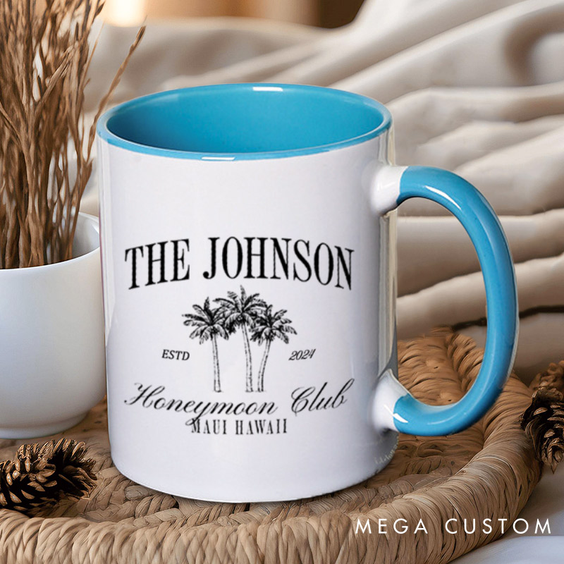 Personalized Classic Honeymoon Club with Palm Trees Matching Honeymoon Couple Mugs