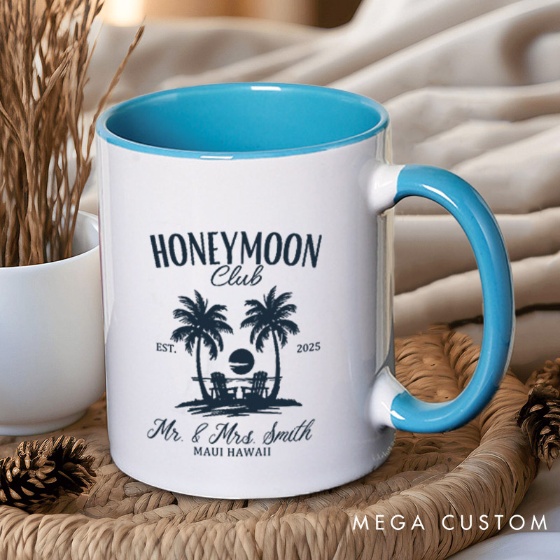 Personalized Vintage Tropical Honeymoon Club with Sunset Matching Honeymoon Couple Mugs