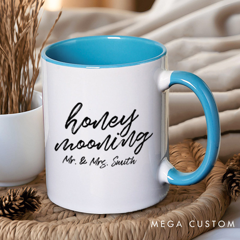 Personalized Minimalist Honeymooning with Name Matching Honeymoon Couple Mugs