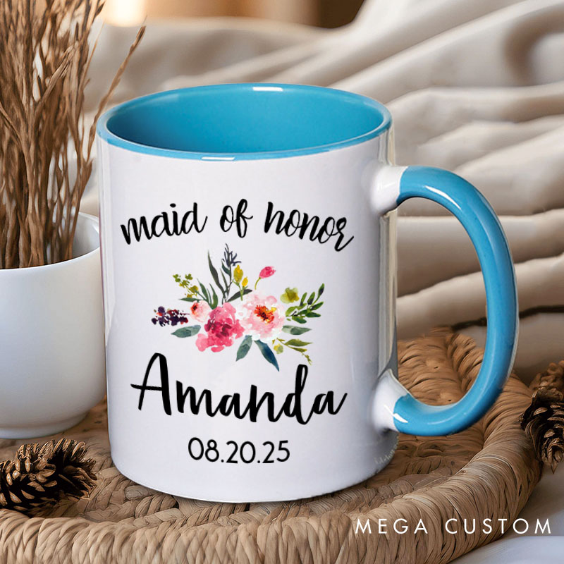Personalized Colorful Floral Maid of Honor Mug Bridesmaid Mug with Name Bachelorette Party Mug Bridesmaid Proposal Gift Bridal Shower Mug