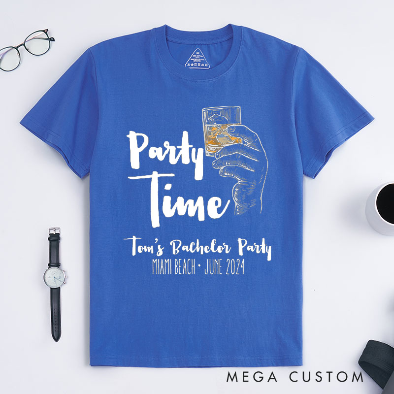 Personalized Party Time Bachelor Party T-Shirt Whiskey Glass Shirt for Groomsman Wedding Party Favors Shirt for Men Best Man Gift