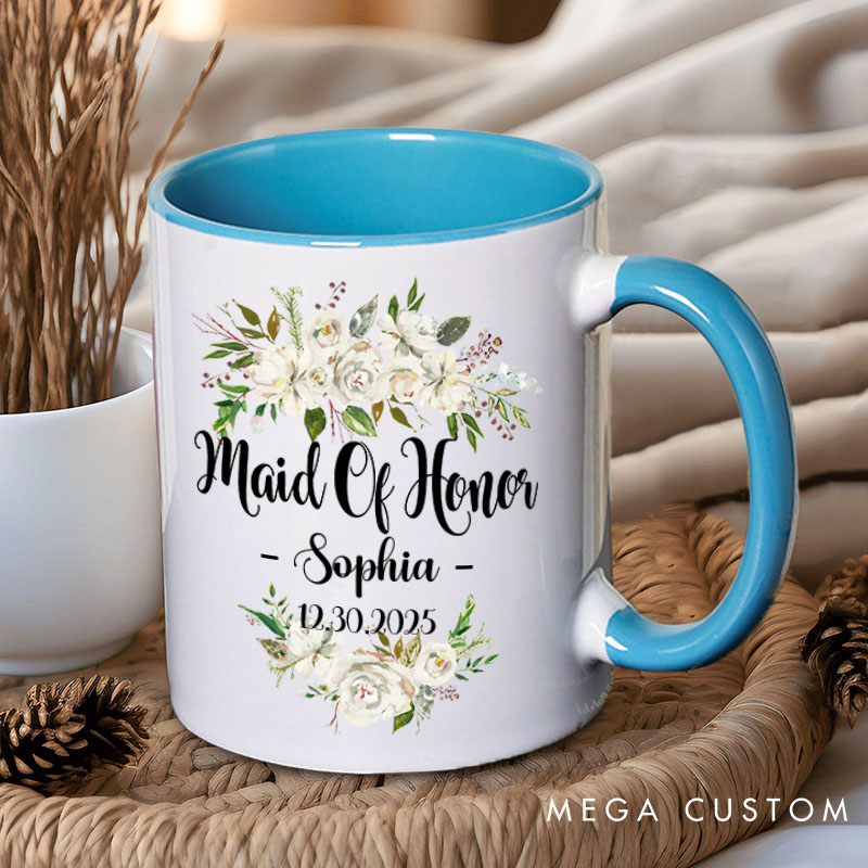 Personalized Maid of Honor White Floral Mug Name Bridesmaid Mug Bachelorette Party Mug with Date Bridesmaid Proposal Gift for Her Bridal Shower Mug