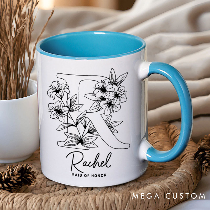 Personalized Minimalist Bridesmaid Floral Initials Mug Maid of Honor Name Mug Bachelorette Party Mug Bridesmaid Proposal Gift Bridal Shower Mug