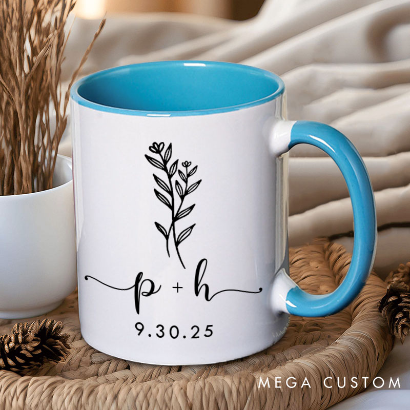 Personalized Couple Minimalist Floral Mug with Initials Custom Couple Coffee Mug with Date Valentine's Day Mug for Husband Wife Boyfriend Girlfriend