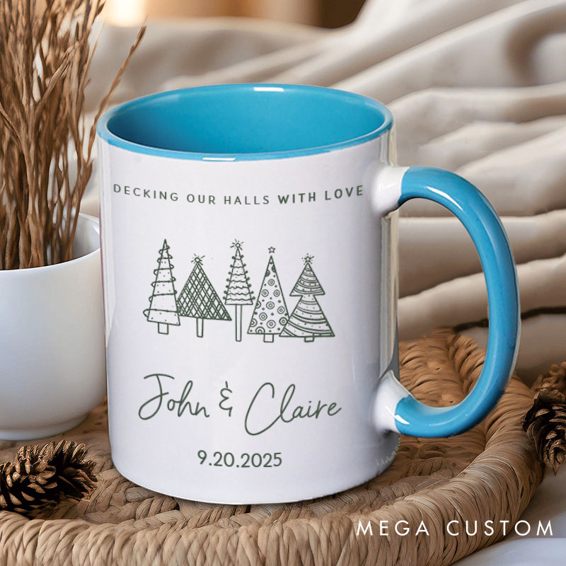 Personalized Couple Decking Our Halls with Love Christmas Mug Custom Couple Name Xmas Tree Coffee Mug for Husband Wife Boyfriend Girlfriend