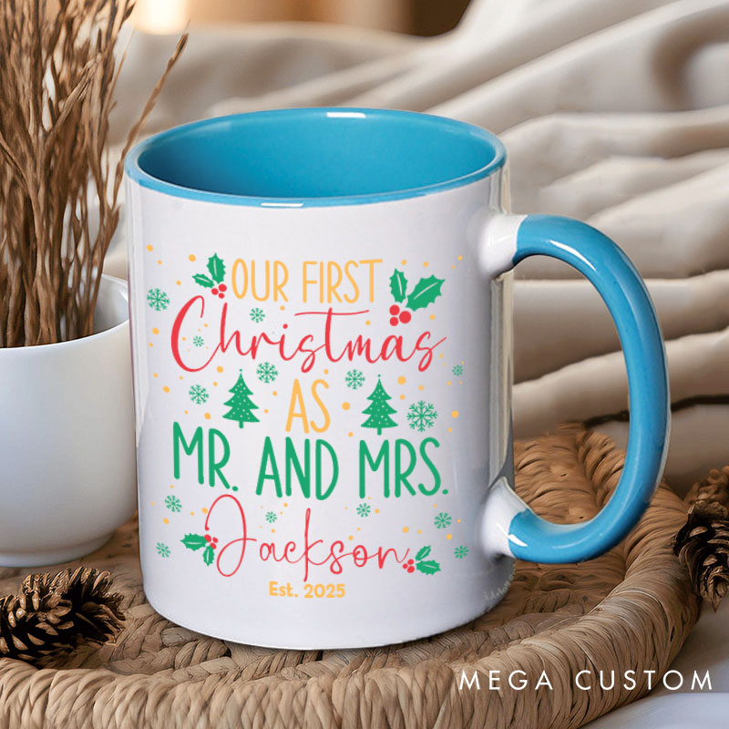 Personalized Couple Our First Christmas as Mr. and Mrs. Mug with Name Newlyweds Xmas Coffee Mug Christmas Mug for Husband Wife Hubby Wifey