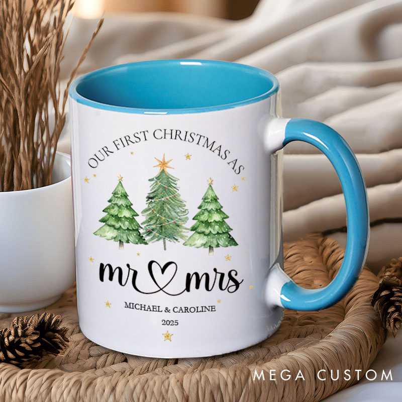 Personalized Couple Our First Christmas as Mr. and Mrs. Mug Custom Couple Xmas Tree Coffee Mug with Name Christmas Mug for Husband Wife Hubby Wifey