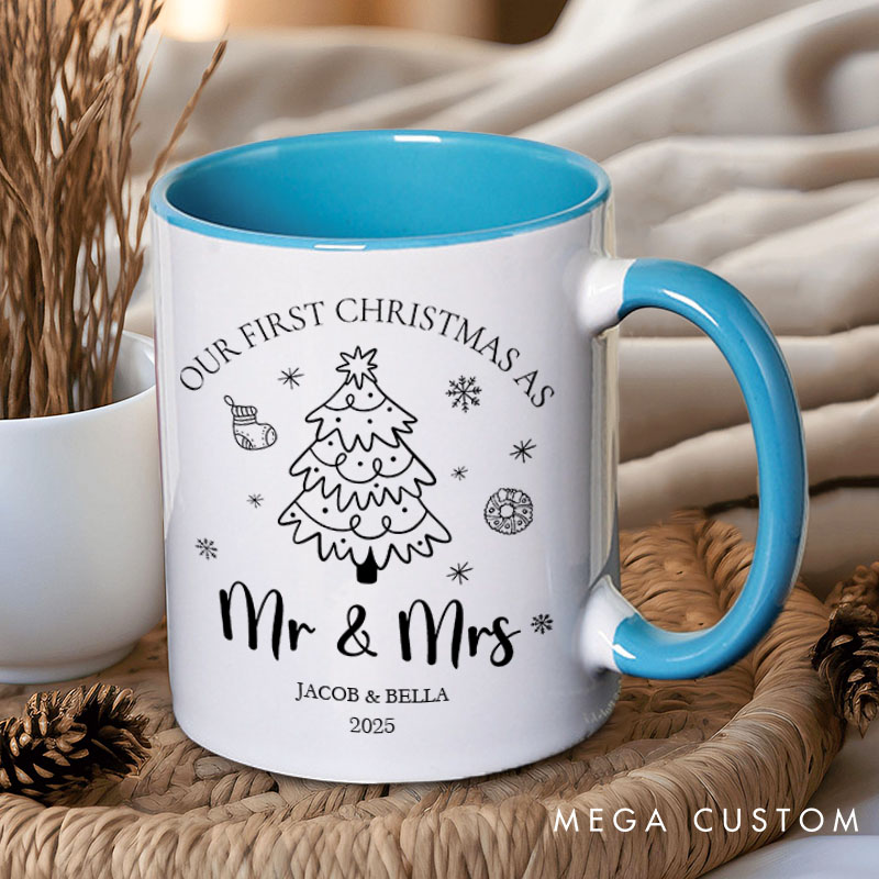 Personalized Couple Our First Christmas as Mr. and Mrs. Mug Custom Cute Xmas Tree Coffee Mug with Name Christmas Mug for Husband Wife Hubby Wifey