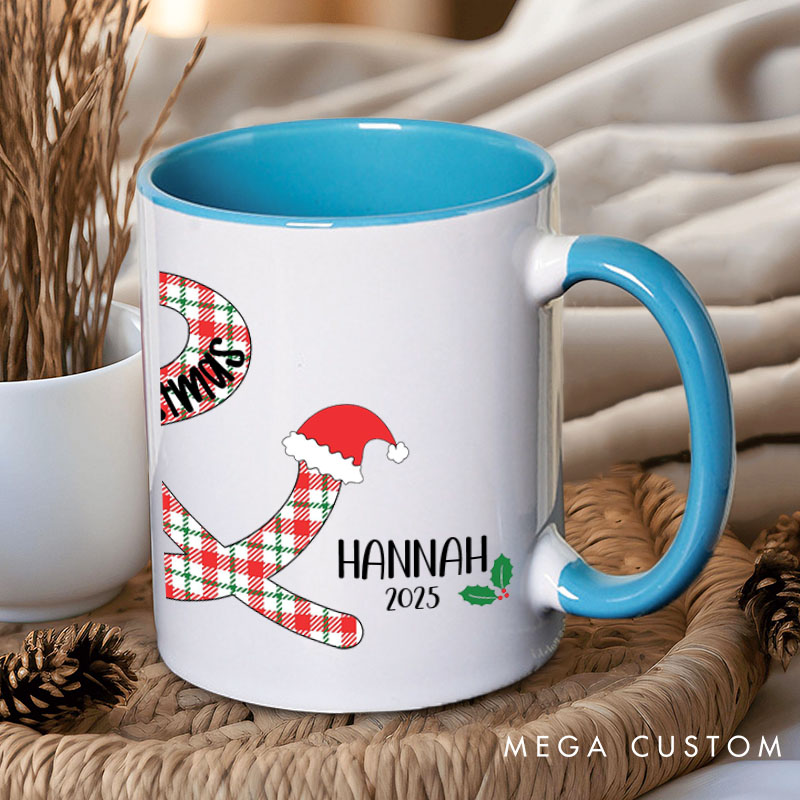Personalized Couple Plaid with Christmas Hat Mug Custom Couple Name Xmas Coffee Mug Christmas Mug for Husband Wife Boyfriend Girlfriend