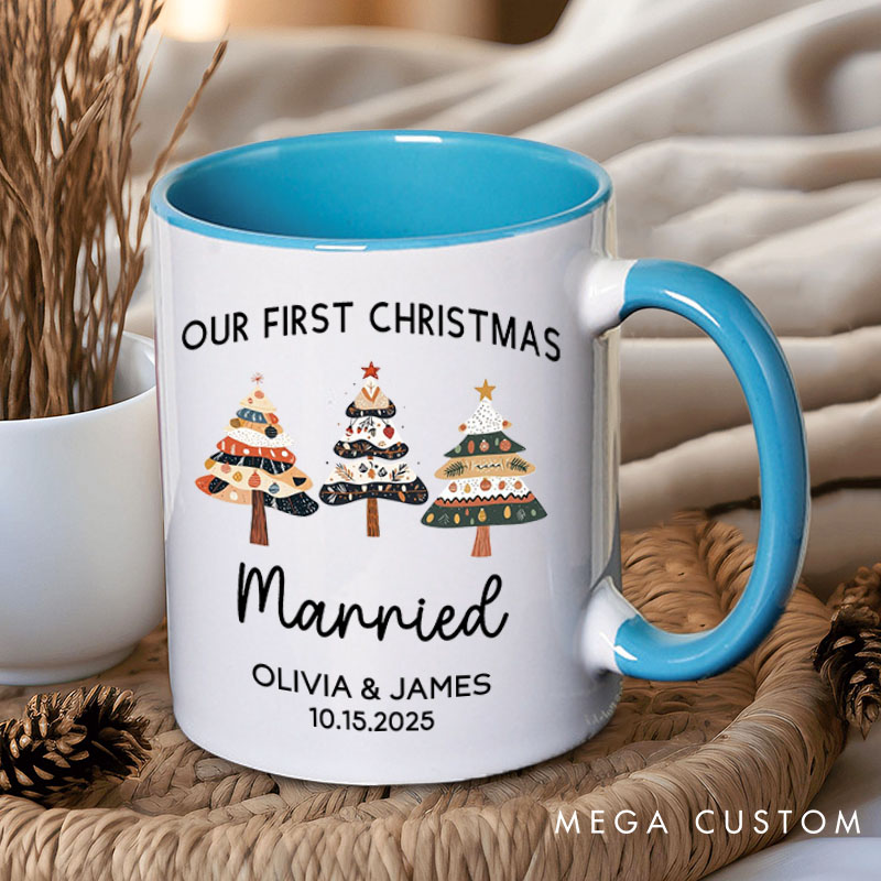 Personalized Couple Our First Christmas Married Mug Custom Newlyweds Name Xmas Tree Coffee Mug Christmas Mug for Husband Wife Hubby Wifey