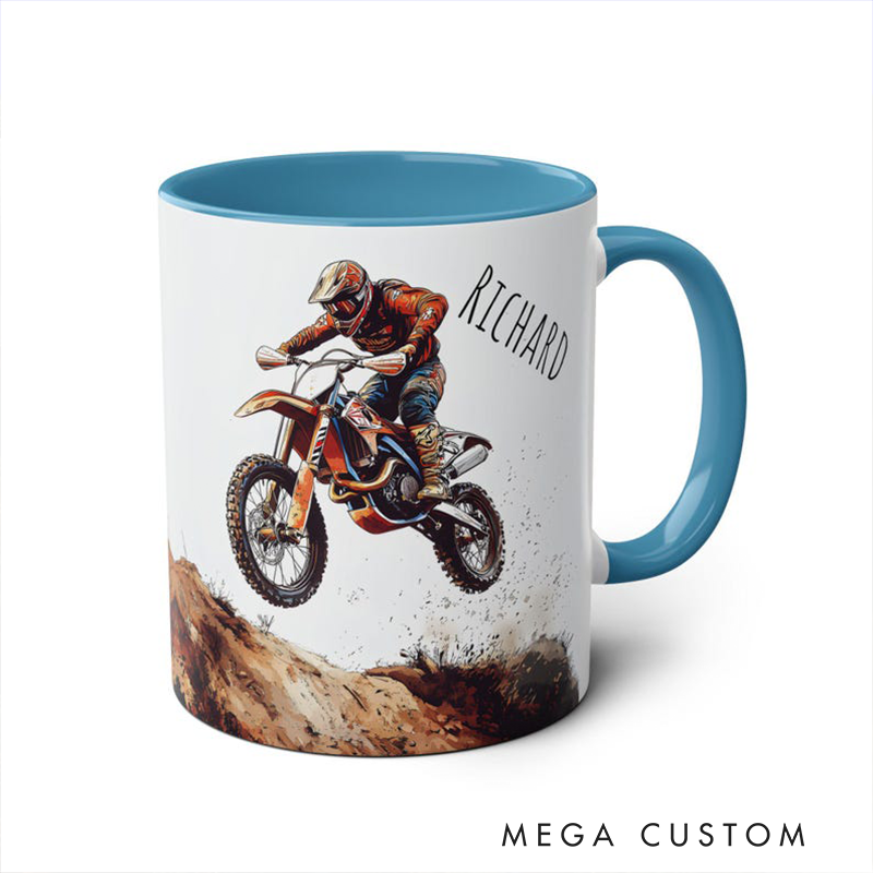 Personalized Motocross Mug Custom Dirt Bike Coffee Cup Ceramic off Road Racing Gift Extreme Sports Cup with Rider Name for Motorcycle Lovers