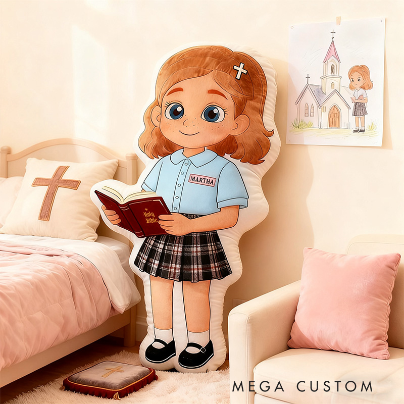 Personalized Cartoon Girl Holding Bible Pillow with Custom Name and Skin Tone Shirt Kids Room Decor Religious Baptisms Gift for Kids Graphic 3D Print