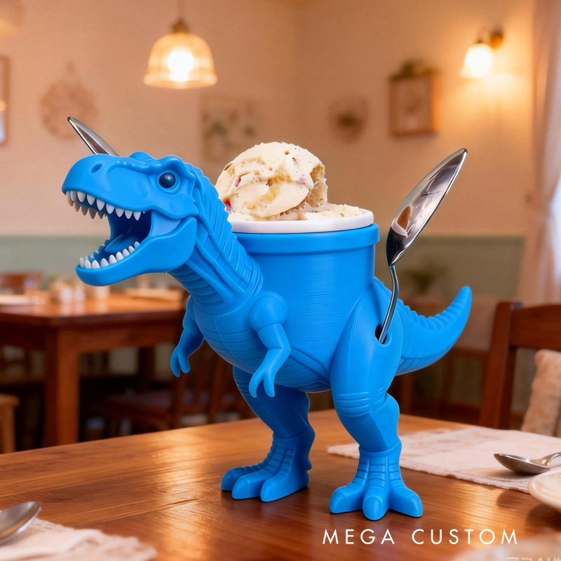 Personalized Dinosaur Theme Custom Name Cool Orange T Rex Ice Cream Holder 3D Printed Cozy with Spoon Slot