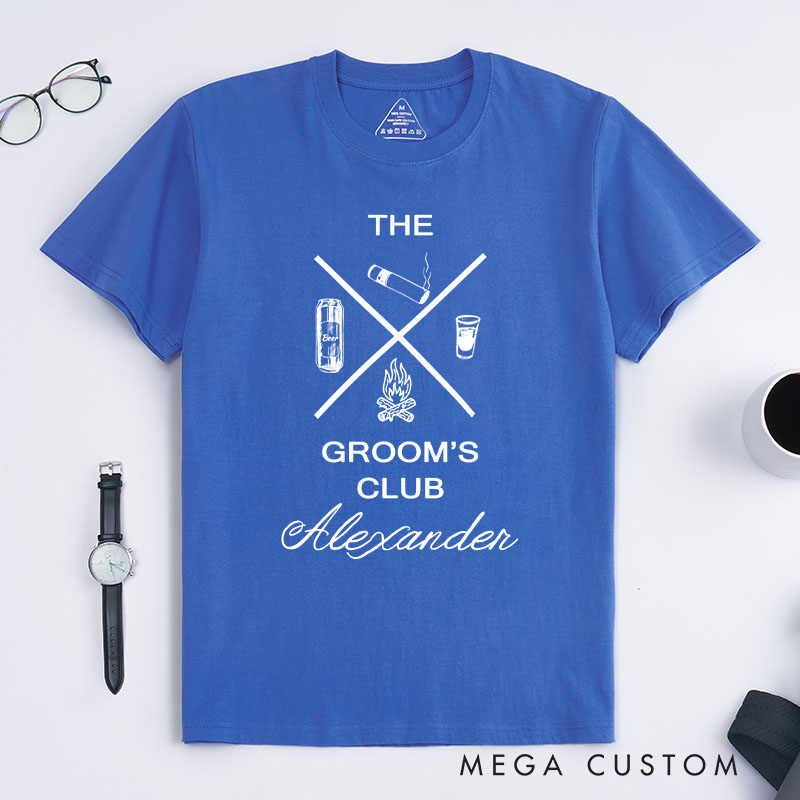 Personalized Rustic Bachelor Party Icon Design Beer Cigars Shots And Campfire Shirt for Groom Crew Wedding Party Favors Shirt for Best Man