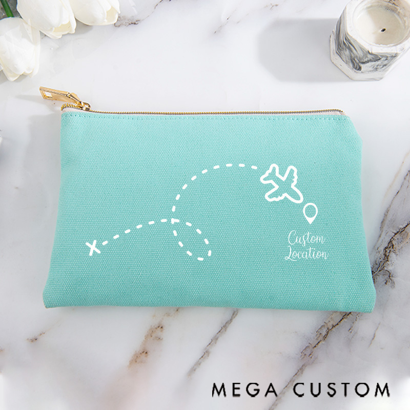 Personalized Makeup Bag Gift for Travel Lovers Air Route Custom Location