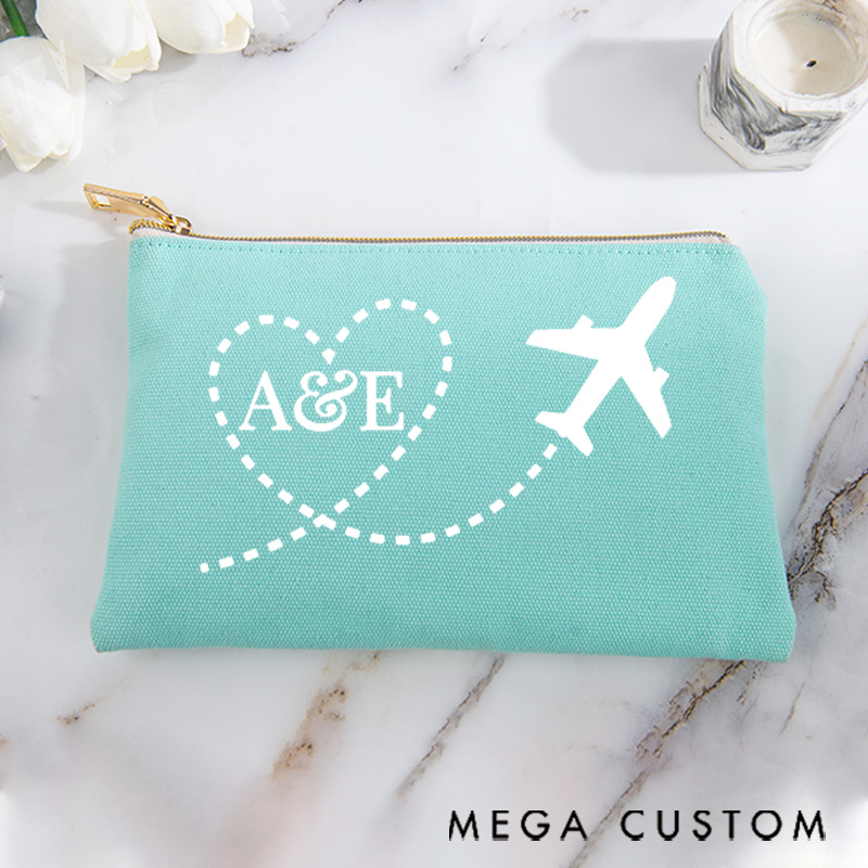 Personalized Makeup Bag Gift for Traveler Custom Initials and Heart Route
