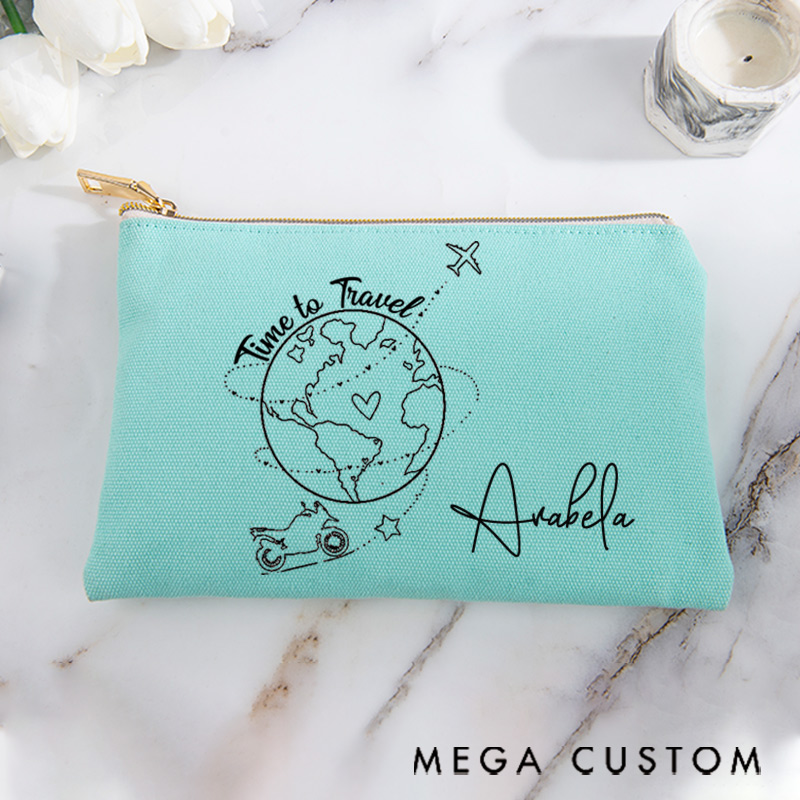 Personalized Makeup Bag Gift for Travel Lovers Time to Travel and Custom Name
