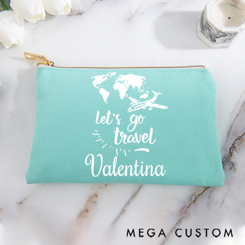 Personalized Makeup Bag Gift for Travel Lovers Map Let's Go Travel and Custom Name