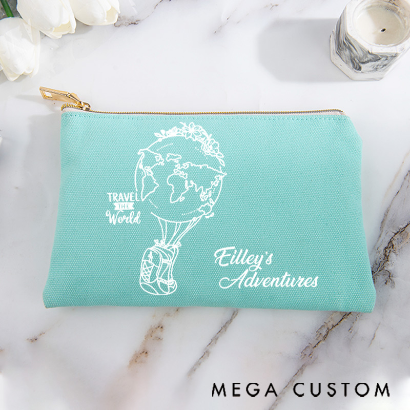 Personalized Makeup Bag Gift for Travel Lovers Hot Air Balloon Earth and Custom Name Adventures