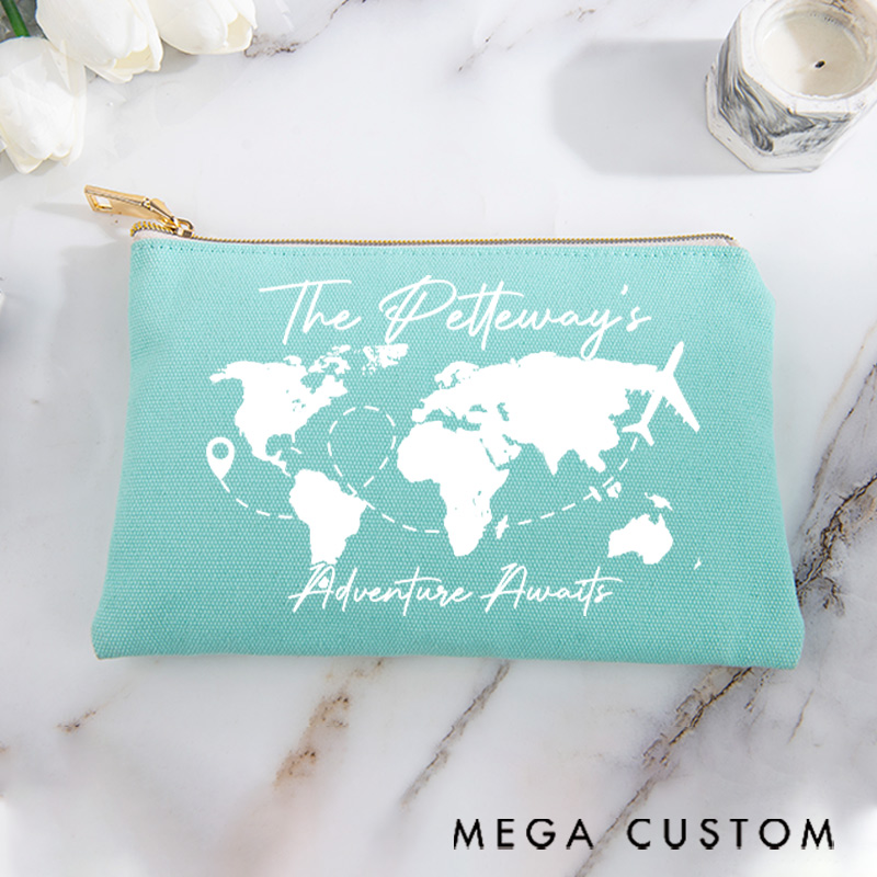 Personalized Makeup Bag Gift for Travel Lovers Adventure Awaits and Custom Name