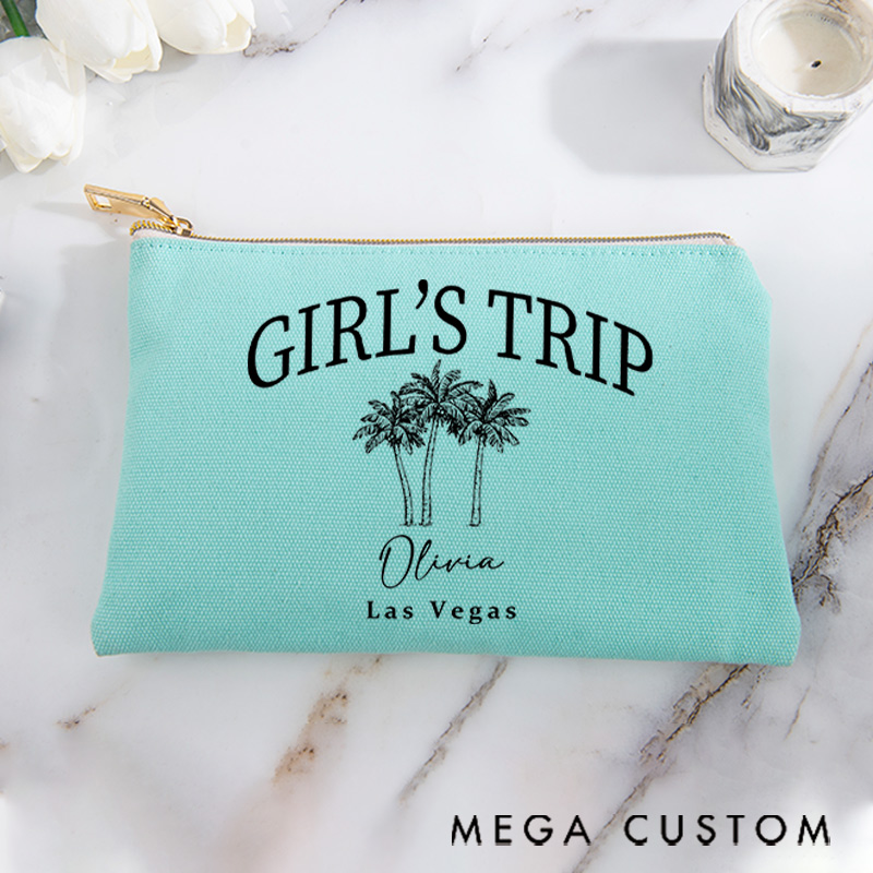 Personalized Makeup Bag Gift for Travel Lovers Girls Trip Custom Name and Destination