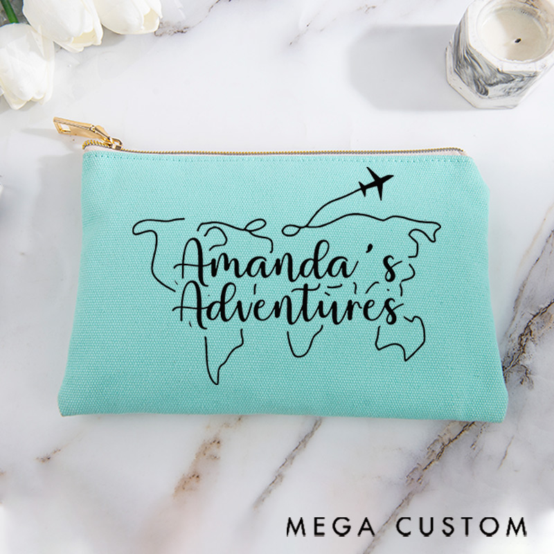 Personalized Makeup Bag Gift for Travel Lovers Line Map and Custom Traveler's Name Adventure