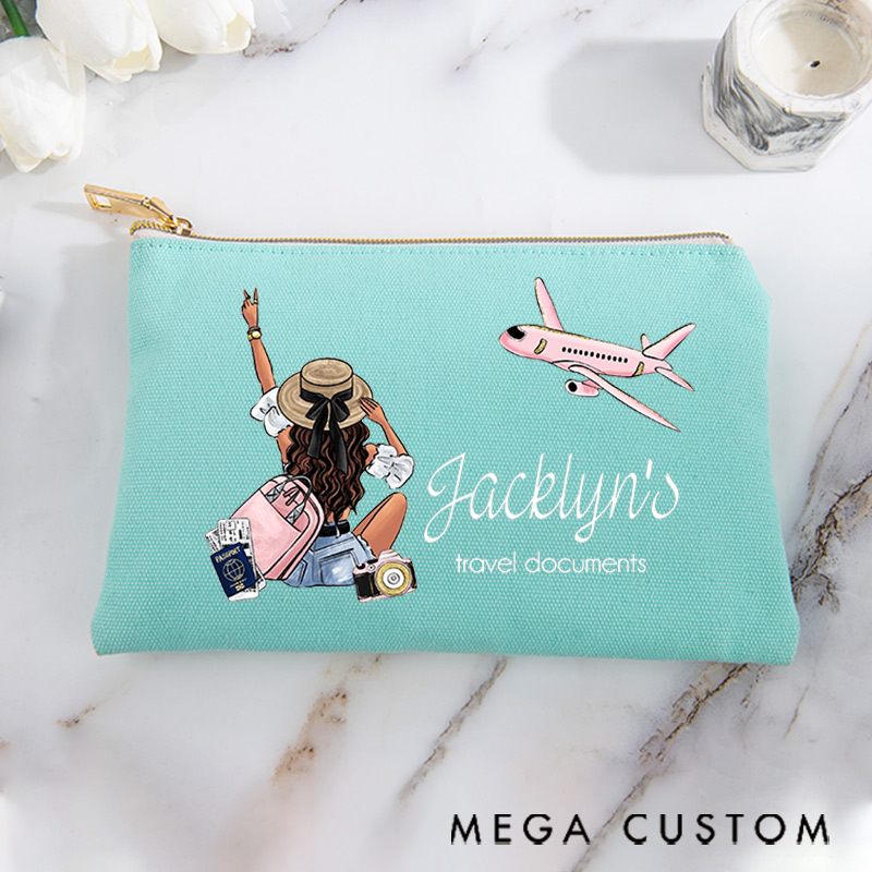 Personalized Makeup Bag Traveling Gift for Traveler Girl's Travel Documents and Custom Name
