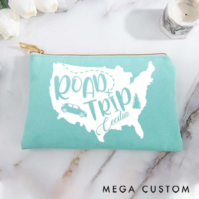 Personalized Makeup Bag Gift for Girls Travel Lovers Map Road Trip and Custom Name