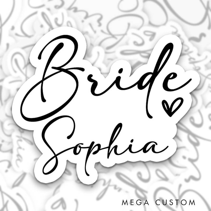Personalized Minimalist Heart Bride Sticker with Custom Name Team Bride Sticker Bridesmaid Wedding Hen Party Sticker Bachelorette Party Sticker