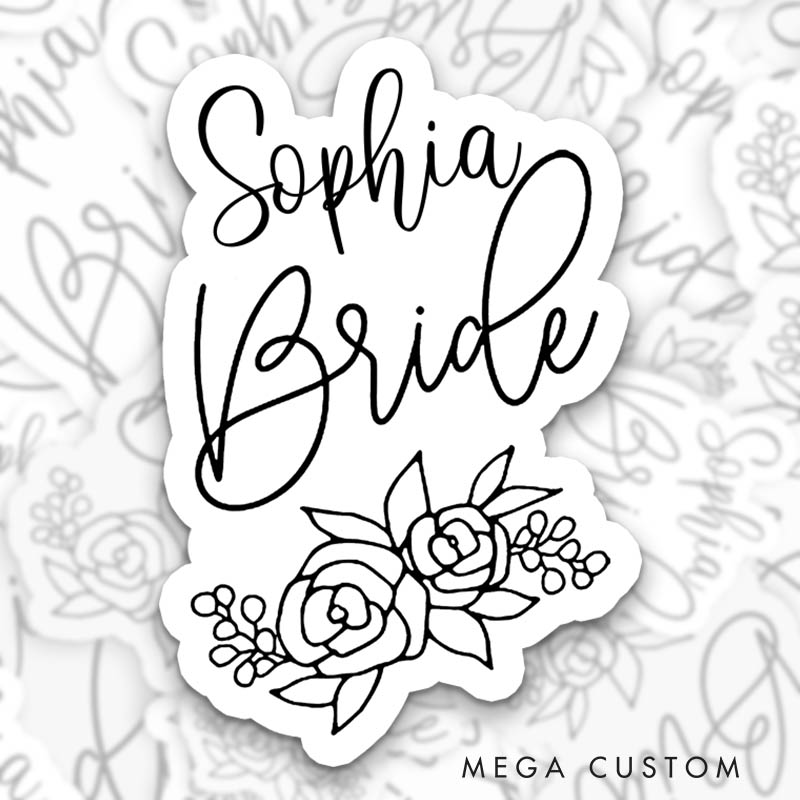 Personalized Flower Bride Sticker with Name Babe Hen Party Sticker Bridesmaid Wedding Bridal Party Sticker Bachelorette Party Sticker