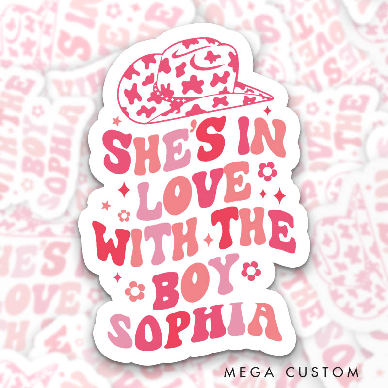 Personalized Pink Cowgirl Bride She's in Love with the Boy Sticker Bridesmaid Bachelorette Party Sticker Team Bride Wedding Hen Party Sticker