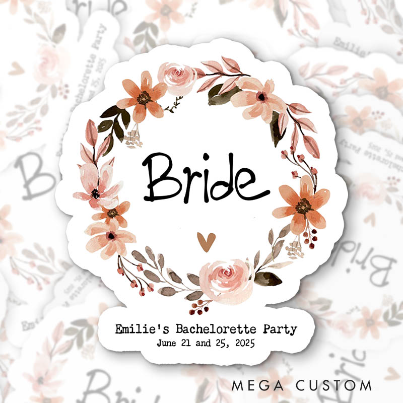 Personalized Bride Floral Wreath Sticker with Name Bride's Witness Sticker Birde's Crew Sticker Bachelorette Party Sticker