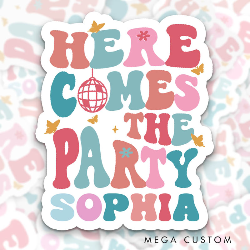 Personalized Here Comes the Bride with Butterfly Sticker Bridesmaid Here Comes the Party Sticker Team Bride Wedding Sticker Bachelorette Party Sticker
