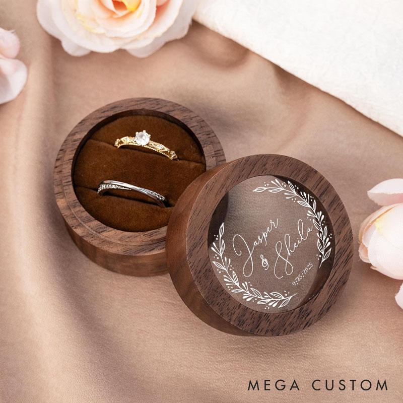 Personalized Couple Wedding Elegant Leaf Wreath Wooden Ring Box Newlywed Name Ring Box with Acrylic Cover Engagement Ring Box Husband Wife Ring Holder