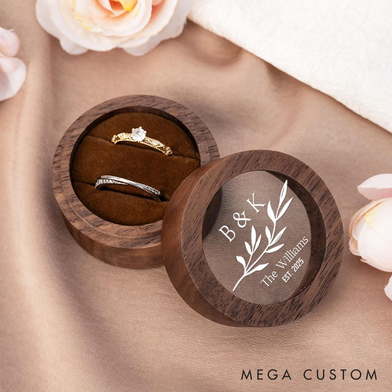 Personalized Couple Wedding Leaf Wooden Ring Box Newlyweds Initials Last Name Round Ring Box with Acrylic Cover Engagement Ring Box Husband Wife Gift