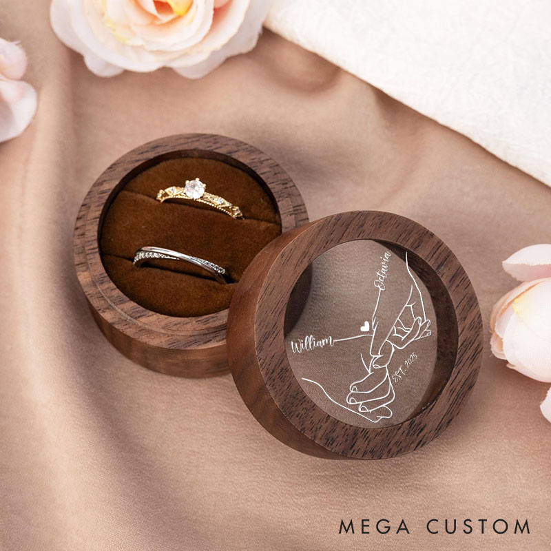 Personalized Couple Wedding Line Pinky Promise Wooden Ring Box Newlyweds Name Round Ring Box with Acrylic Cover Engagement Ring Box Husband Wife Gift