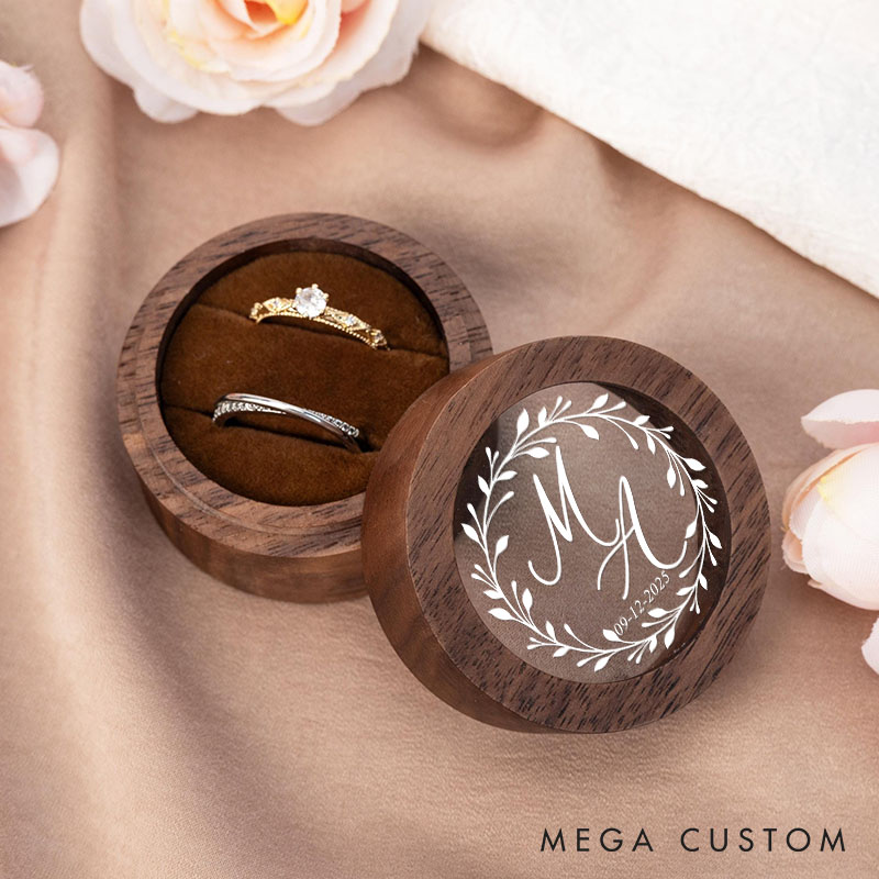 Personalized Couple Wedding Delicate Floral Wreath Wood Ring Box Newlyweds Initials Round Ring Box with Acrylic Cover Husband Wife Engagement Ring Box