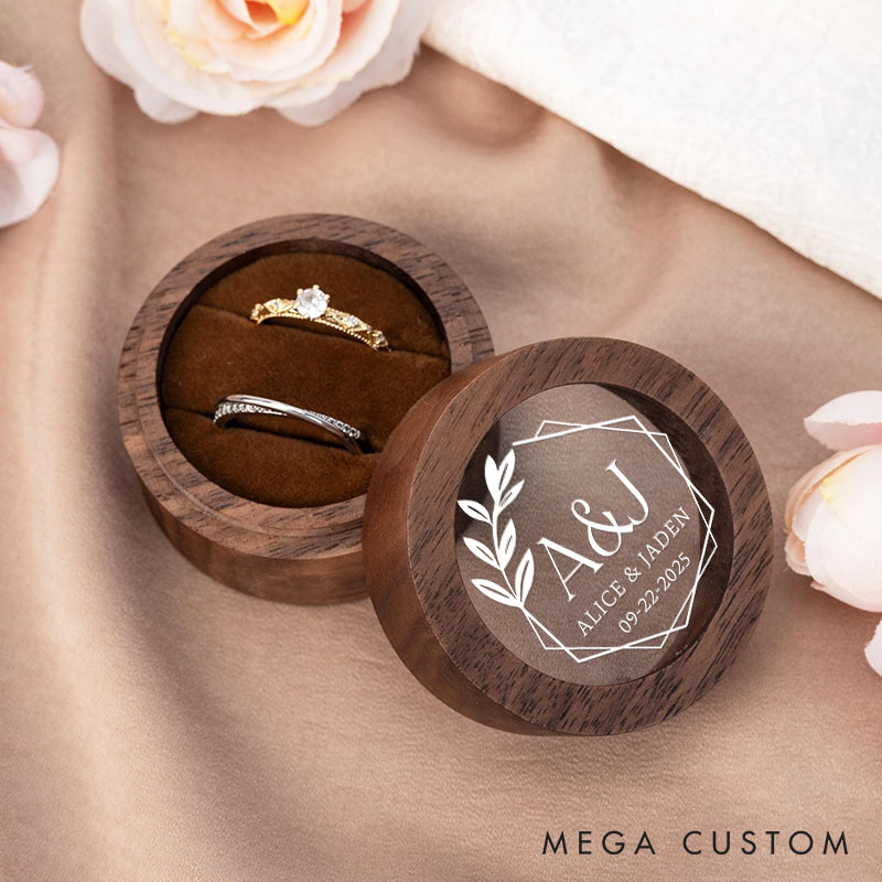 Personalized Couple Wedding Hexagon Wrath Wooden Ring Box Newlyweds Initials Name Round Ring Box with Acrylic Cover Husband Wife Engagement Ring Box