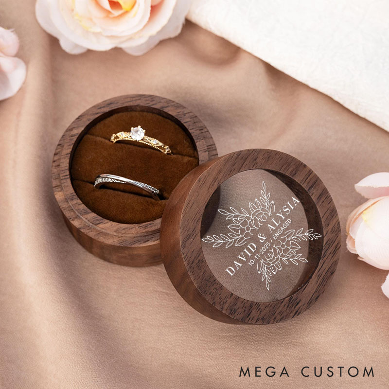 Personalized Couple Engaged Floral Wooden Ring Box Custom Newlywed Name and Date Round Ring Box with Acrylic Cover Wedding Ring Box Husband Wife Gift