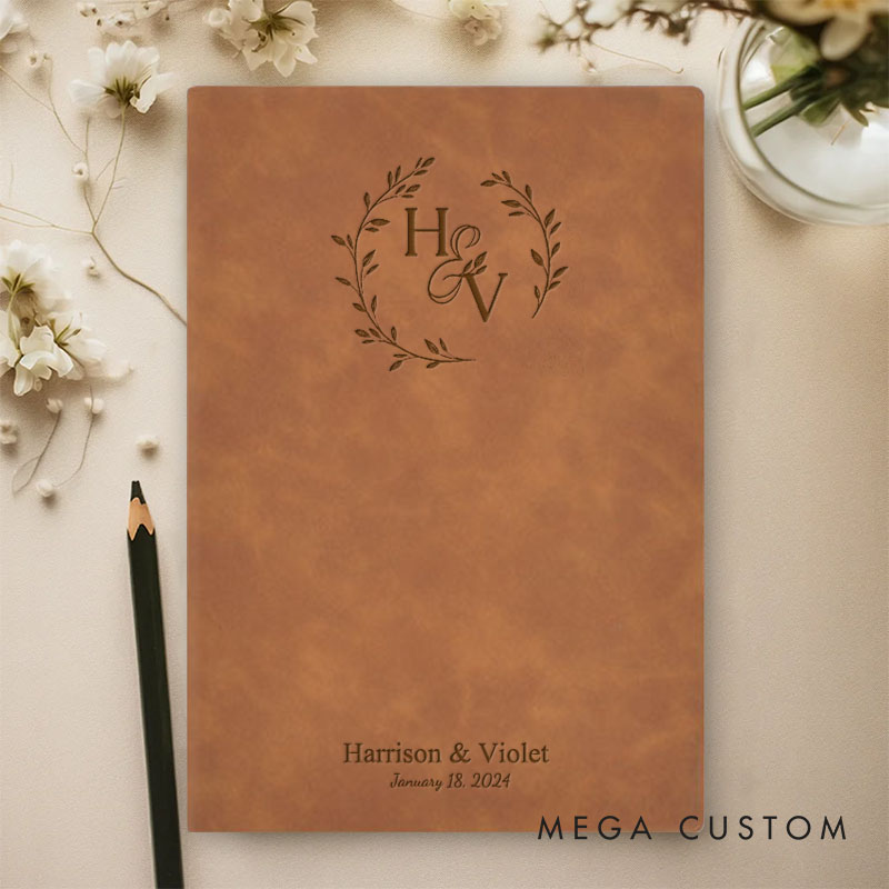 Personalized Laurel Branches with Initials and Date Wedding Couple Leather Journal Notebooks