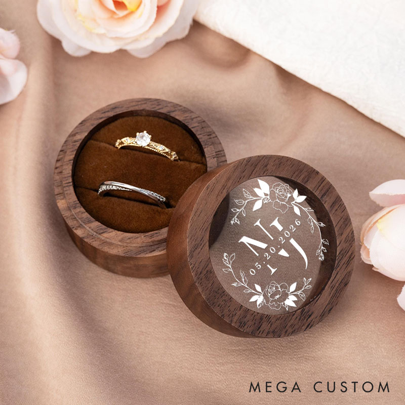 Personalized Couple Wedding Birth Floral Wreath Wood Ring Box Newlyweds Initial Ring Box with Acrylic Cover Engaged Date Ring Holder Husband Wife Gift