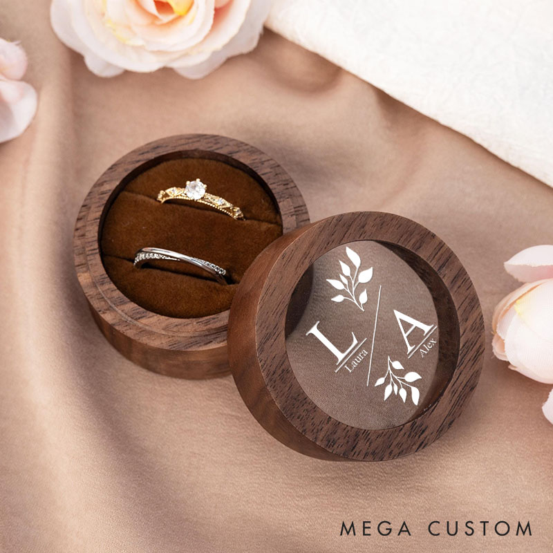 Personalized Couple Wedding Delicate Leaf Wood Ring Box Newlyweds Initials Name Ring Box with Acrylic Cover Engaged Ring Holder Husband Wife Gift