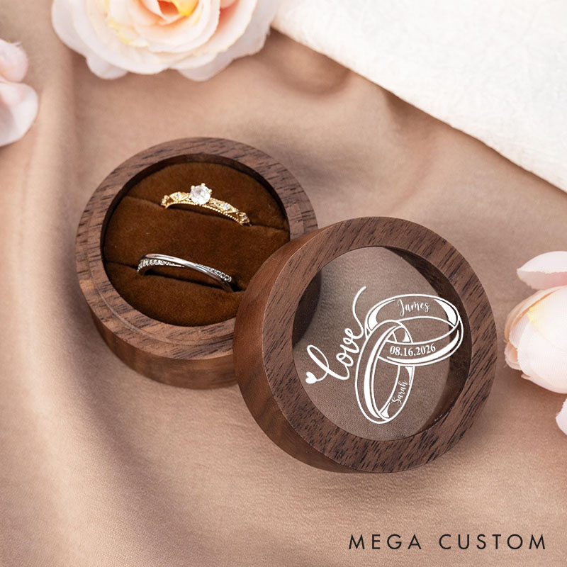 Personalized Couple Wedding Love Rings Wood Ring Box Custom Newlyweds Name Ring Box with Acrylic Cover Engaged Date Ring Holder Husband Wife Gift