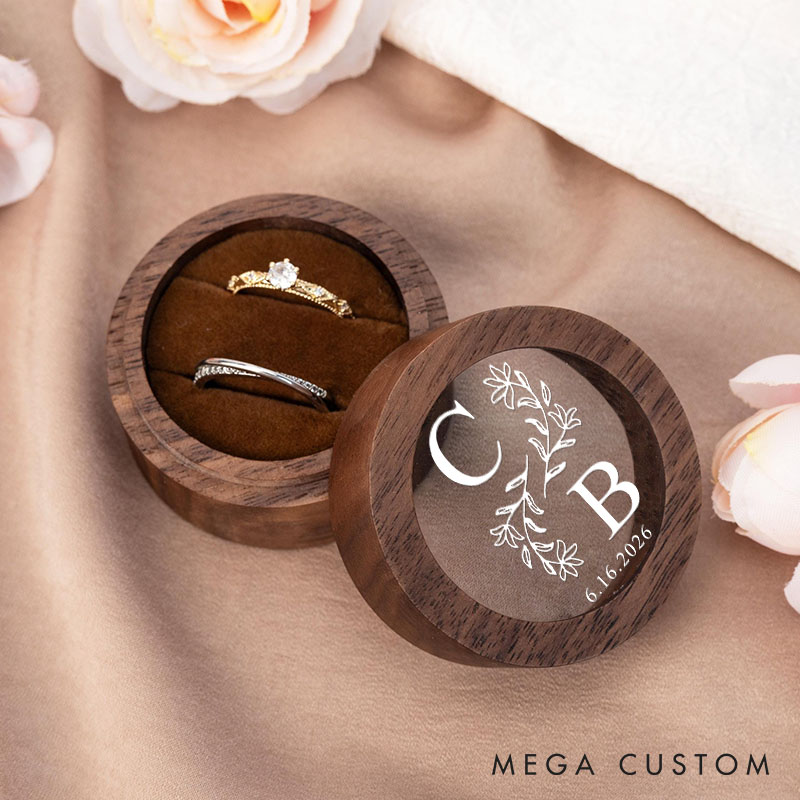 Personalized Couple Wedding Floral Leaf Wood Ring Box Custom Newlyweds Initials Ring Box with Acrylic Cover Engaged Date Ring Holder Husband Wife Gift
