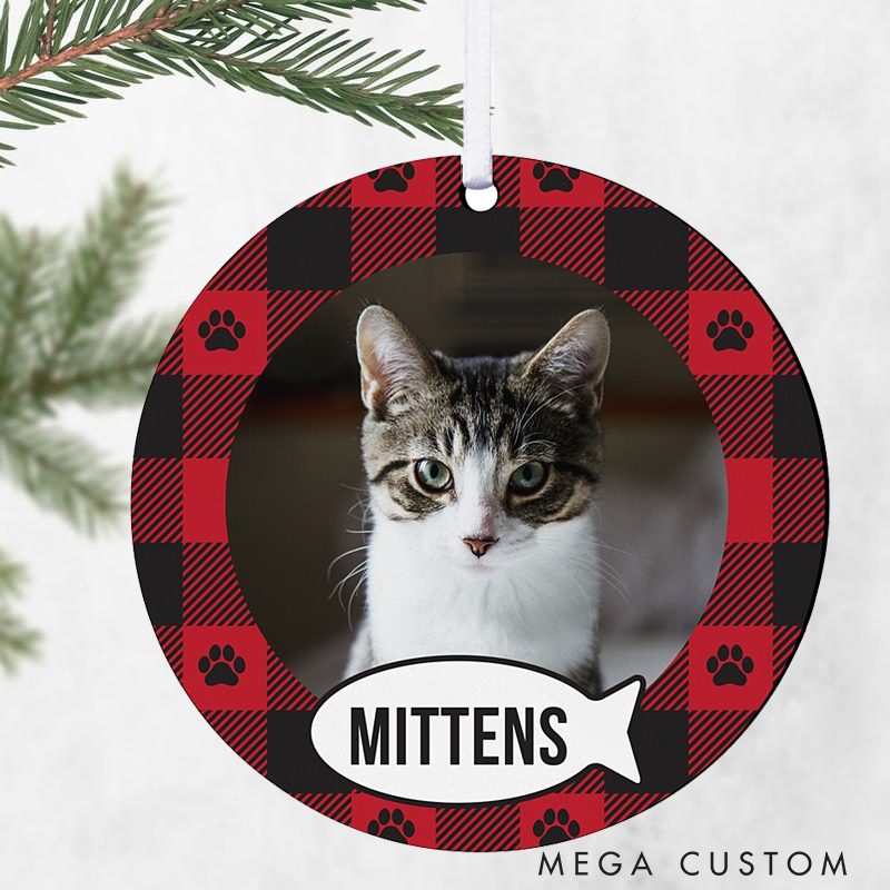 Personalized Cat Lover Plaid Paw Print Photo Christmas Ornament