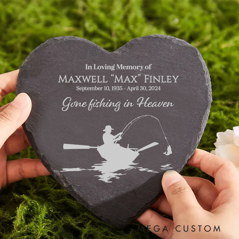 Personalized Fishing Memorial Stone Fisherman Memorial Stone Sympathy Gift Custom Name and Time with Fishing Design for Loved Ones