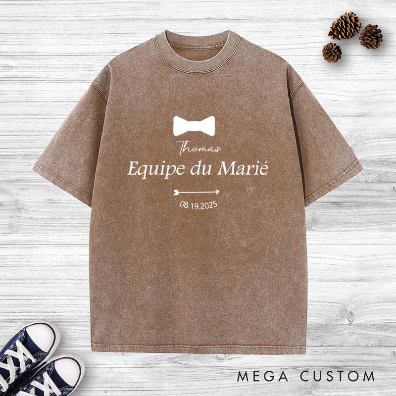 Personalized Équipe du Marié Stag Washed T-Shirt Elegant Wedding Party Tee Vintage Groomsman Bachelor Party Favors Washed T-Shirt