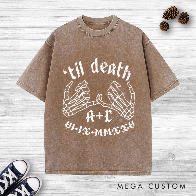 Personalized 'Til Death Skeleton Finger Hooks with Initials and Dates Matching Wedding Couple Washed T-Shirt