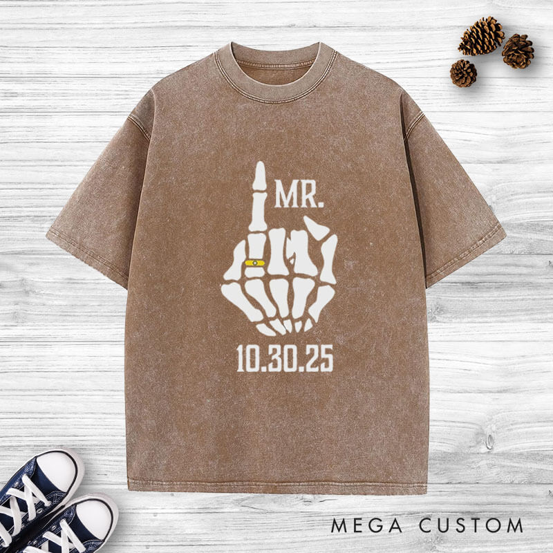 Personalized Funny Gesture Skeleton Mr and Mrs Matching Wedding Couple Washed T-Shirt
