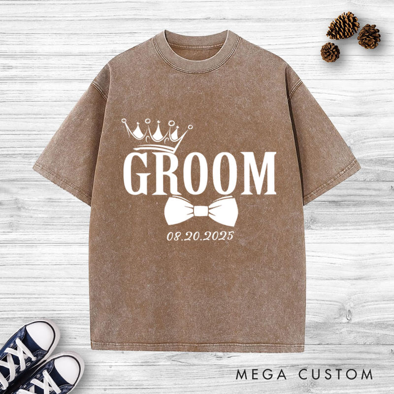 Personalized Regal Bride and Groom with Crowns and Date Matching Wedding Couple Washed T-Shirt